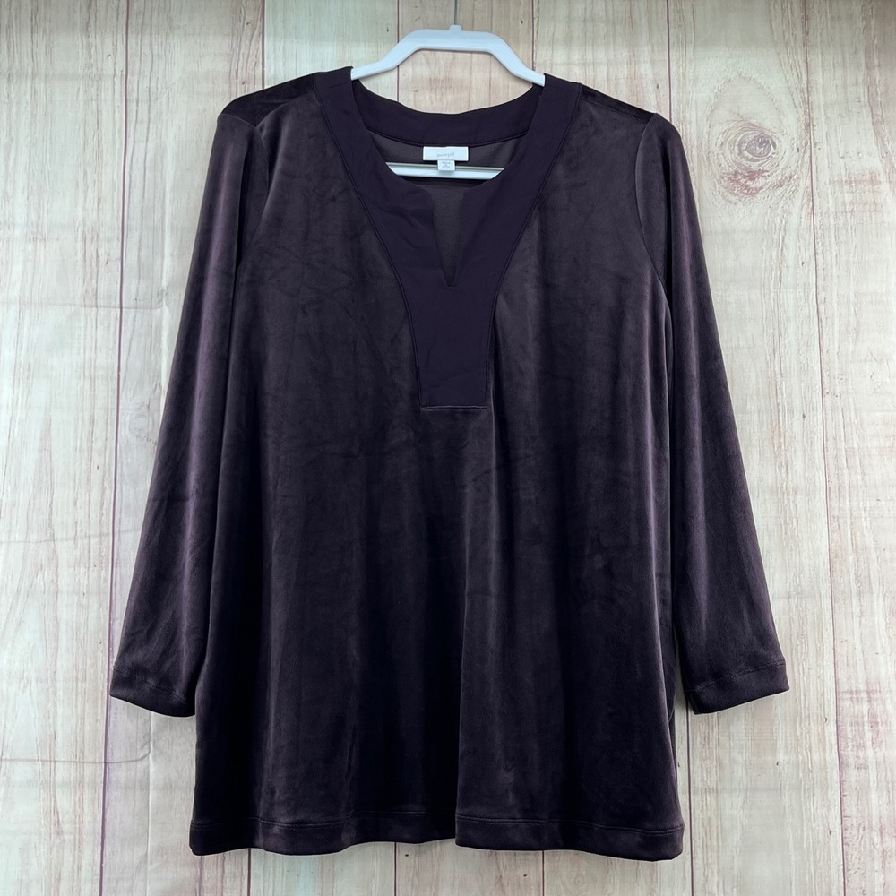 Pure Jill J Jill Velour Tunic Top XL Petite Purple Long Sleeve V Neck‎ Stretch